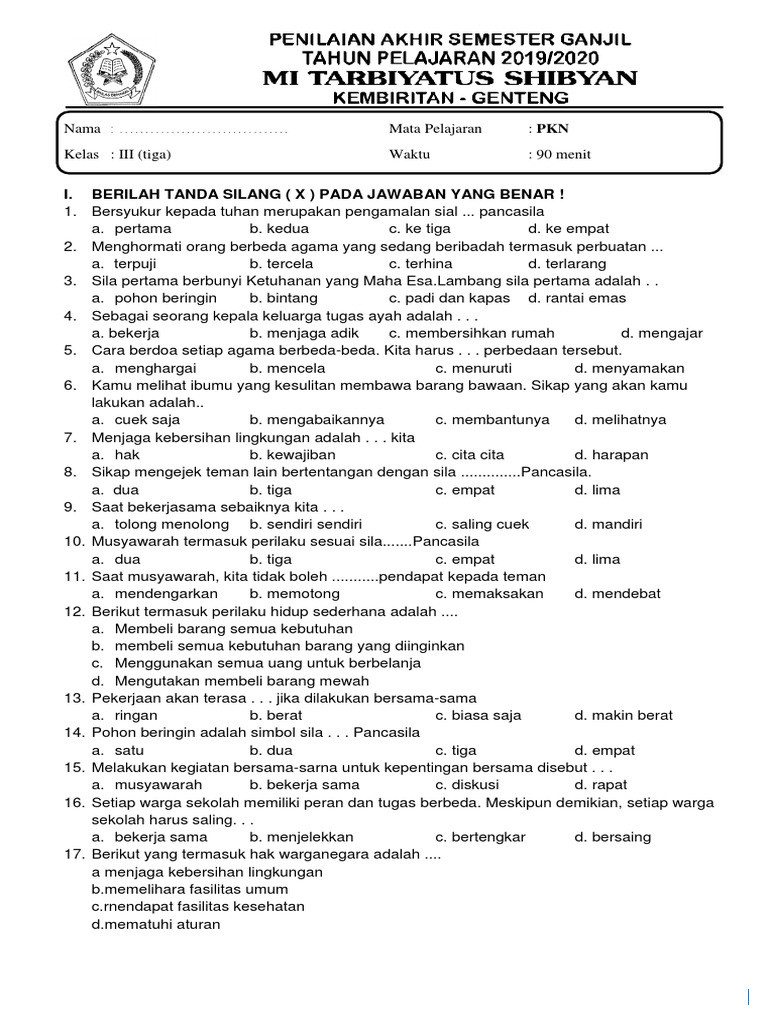 25 Soal PKN Kelas 3 SD Semester 1 Kurikulum Merdeka dengan Kunci Jawaban