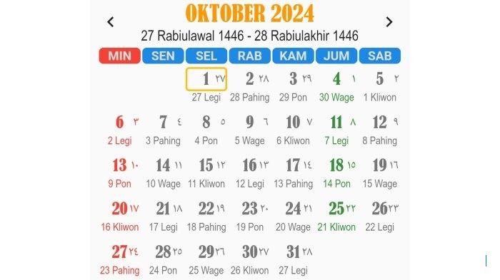 Kalender Jawa: Senin Pahing 27 Oktober 2025 - 4 Jumadil Awal 1959 TJ